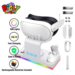 Charging Dock compatible with Oculus Meta Quest 3 Fast Charging Stand for VR Headset & Controllers with RGB LED Light, Includes 2 Rechargeable Batteries, Essential VR Accessory