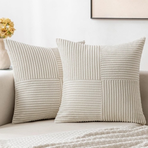 Beige Corduroy Pillow Covers Pack of 2 Boho Decorative Spliced Soft Solid Couch Pillowcases Cross Patchwork Textured Cushion Covers for Living Room Bed Sofa 20x20 inch