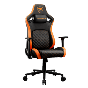 Cougar Defensor Gaming Chair, Ergonomic High‑Back PU Leather (Hyper‑Dura), 155° Recline, 4D Armrests & Lumbar Support, Black/Orange