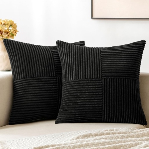 Black Corduroy Pillow Covers Pack of 2 Boho Decorative Spliced Soft Solid Couch Pillowcases Cross Patchwork Textured Cushion Covers for Living Room Bed Sofa 20x20 inch