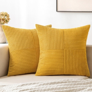 Mustard Yellow Corduroy Pillow Covers Pack of 2 Boho Decorative Spliced Soft Solid Couch Pillowcases Cross Patchwork Textured Cushion Covers for Living Room Bed Sofa 20x20 inch