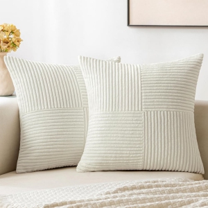 White Corduroy Pillow Covers Pack of 2 Boho Decorative Spliced Soft Solid Couch Pillowcases Cross Patchwork Textured Cushion Covers for Living Room Bed Sofa 20x20 inch
