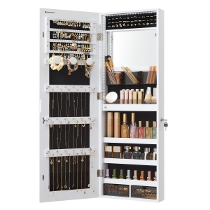 SONGMICS Jewelry Cabinet Armoire with Built-in Lighted Mirror, Wall or Door Mount Storage Organizer, White UJJC013W01