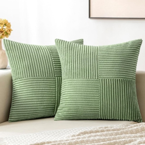 Sage Green Corduroy Pillow Covers Pack of 2 Boho Decorative Spliced Soft Solid Couch Pillowcases Cross Patchwork Textured Cushion Covers for Living Room Bed Sofa 18x18 inch