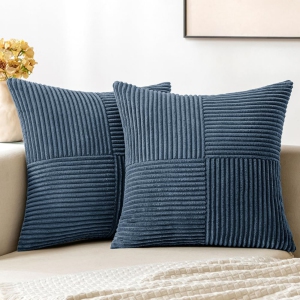 Blue Corduroy Pillow Covers Pack of 2 Boho Decorative Spliced Soft Solid Couch Pillowcases Cross Patchwork Textured Cushion Covers for Living Room Bed Sofa 18x18 inch