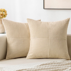 Cream Corduroy Pillow Covers Pack of 2 Boho Decorative Spliced Soft Solid Couch Pillowcases Cross Patchwork Textured Cushion Covers for Living Room Bed Sofa 18x18 inch