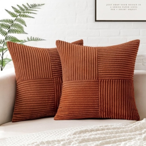Dark Rust Corduroy Pillow Covers Pack of 2 Boho Decorative Spliced Soft Solid Couch Pillowcases Cross Patchwork Textured Cushion Covers for Living Room Bed Sofa 18x18 inch