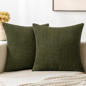 Olive Green Corduroy Pillow Covers Pack of 2 Boho Decorative Spliced Soft Solid Couch Pillowcases Cross Patchwork Textured Cushion Covers for Living Room Bed Sofa 18x18 inch