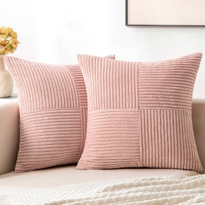 Pink Corduroy Pillow Covers Pack of 2 Boho Decorative Soft Solid Couch Pillowcases Cross Patchwork Textured Cushion Covers for Living Room Bed Sofa 18x18 inch