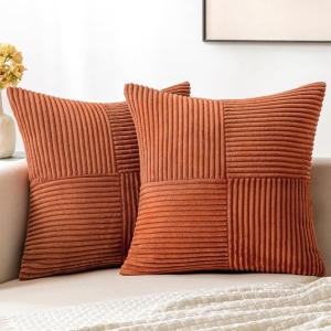 Rust Corduroy Pillow Covers Pack of 2 Boho Decorative Soft Solid Couch Pillowcases Cross Patchwork Textured Cushion Covers for Living Room Bed Sofa 18x18 inch