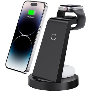 3 in 1 Charging Station for iPhone, Wireless Charger for iPhone 16 15 14 13 12 11 X Pro Max, Apple Watch, AirPods, Black