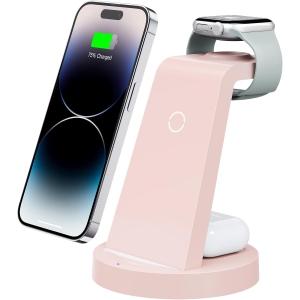 3 in 1 Charging Station for iPhone, Wireless Charger for iPhone 16 15 14 13 12 11 X Pro Max, Apple Watch, AirPods, Pink
