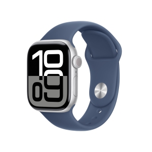 Apple Watch Series 10 [GPS 42mm case] Smartwatch with Silver Aluminum Case with Denim Sport Band - M/L