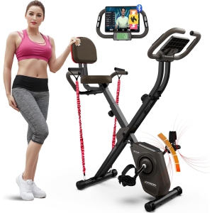 HARISON Foldable Exercise Bike with Arm Resistance Bands 350 LBS Capacity, 5 in 1 Magnetic Stationary Bikes for Home with 16-Level Resistance and Bluetooth (BBCA-X3L Brown)