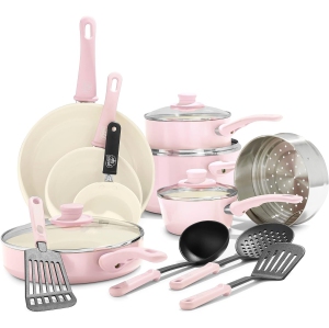 GreenLife Soft Grip Healthy Ceramic Nonstick, 16 Piece Cookware Pots and Pans Set, PFAS-Free, Dishwasher Safe, Soft Pink