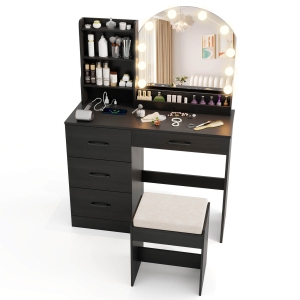 Costway Vanity Set with Mirror and Lights Dressing Table and Chair 4 Drawers 3 Open Shelves