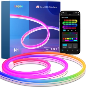 Lepro AI LED Neon Lights N1 10FT, RGBIC LED Lights, Work with Google/Alexa Neon Rope Light, IP65 Outdoor Led Strip Lights Waterproof, Music Sync LED Lights Strip for Bedroom