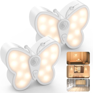 Bright Dimmable Butterfly LED Night Light,Smart Motion Sensor Night Light Lamp with Spotlight and 2 Color Temperature,Magnetic Rechargeable Nightlight for Kids Room,Wall (2 Packs)