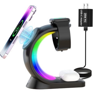 Mag-Safe 3 in 1 Wireless Charging Station, [6-Color RGB Light] 15W Fast Magnetic Wireless Charger Stand for Multiple Devices Apple, for iPhone 16 15 14 13 12 Pro Max