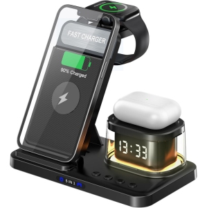 5 in 1 Foldable Wireless Fast Charger with Night Light Transparent Clock for Apple Devices for iPhone 15 14 13 12 11 Pro Max Apple Watch AirPods Series for Apple Watch for Airpods