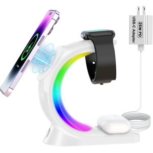 Mag-Safe 3 in 1 Wireless Charging Station, [6-Color RGB Light] 15W Fast Magnetic Wireless Charger Stand for Multiple Devices Apple, for iPhone 16 15 14 13 12 Pro Max