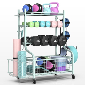 Zachvo Dumbbell Rack, Home Gym Storage, Weight Rack for Dumbbells, Yoga Rack, Kettlebells and Yoga Mat Storage, Gym Storage Rack with Wheels and Hooks, Workout Equipment Storage