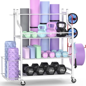 Zachvo White Yoga Mat Storage Rack Home Gym Organizer for Dumbbells Foam Rollers Yoga Straps Resistance Bands with Wheels and Hooks