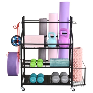 Zachvo Yoga Mat Storage Rack Home Gym Organizer for Dumbbells Foam Rollers Yoga Straps Resistance Bands with Wheels and Hooks