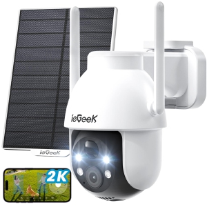 ieGeek Security Cameras Wireless Outdoor-Solar & Battery Powered 360°PTZ WiFi Cam with 2K Color Night Vision, Smart Siren, Motion Sensor, Work with Alexa White