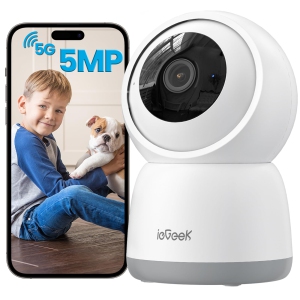 ieGeek 5MP Indoor Security Camera,5G&2.4G WiFi Baby Monitor Pet Cameras,Video Cam with Phone App,Smart Motion Sensor,Auto Tracking,360°PTZ Dog Cam,Work w/Alexa White