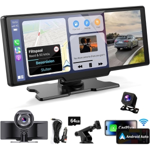 Kuayvan Wireless Portable Carplay Screen for Car - 10.26 Inch Carplay & Android Auto Car Touch Screen, with 4K Dash Cam, Backup Camera, Bluetooth, GPS Navigation for All Vehicles