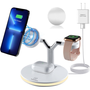 3 in 1 Mag-Safe Charger, Fast Charging Station for iPhone13/12/11/Mini/Pro/Pro Max/SE/Xs/8, Apple Watch SE/6/5/4/3/2, AirPods 2/Pro,Magnetic Wireless Charger Stand with Night Lamp