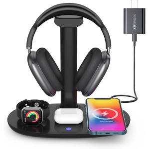Headphone Stand with 15w Wireless Charger, Suguder 4 in 1 Charging Station Headset Holder for AirPods Max/Pro/4/3/2 iWatch 10/9/8/7/6/5/4/3/2/1/SE iPhone 16/15/14/13/12/11/X
