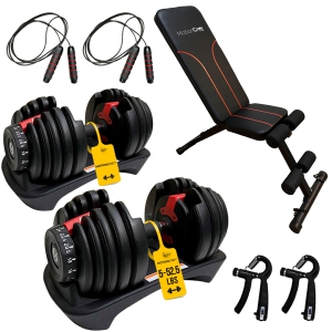 MotionGrey Adjustable Dumbbells 5-52.5 LB with High Strength Hand Grip & Workout Bench Equipment, Jumping Rope, and Anti-Slip Barbell Metal Hand Set