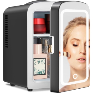 Antarctic Star Makeup Compact Refrigerator with LED Mirror, 4L Mini Fridge, Skin Care, for Bedroom, Car, Office & Dorm, Portable Small Cooler for Cosmetics, BLACK
