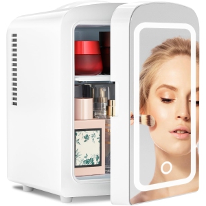 Antarctic Star Makeup Compact Refrigerator with LED Mirror, 4L Mini Fridge, Skin Care, for Bedroom, Car, Office & Dorm, Portable Small Cooler for Cosmetics, White
