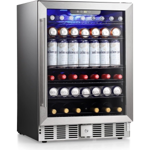 Antarctic Star 5.1 Cu.Ft Beverage Fridge, 24 Inch, 166-Can, Low Noise, Glass Door, Stainless Steel, Efficient Cooling System with Safety Lock