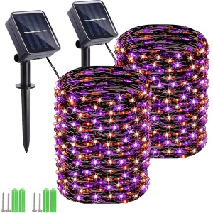 Orange Purple Halloween Lights, 2 Pack 55ft 150 LED Solar Halloween Lights, 8 Modes Waterproof Black Copper Wire Lights
