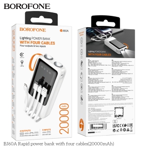 BOROFONE BJ60A 20000mAh Flashlight Power Bank With 4 cables IP/Type-C Multiple outputs Power supply for Mobile phone LED display White