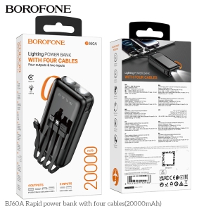 BOROFONE BJ60A 20000mAh Flashlight Power Bank With 4 cables IP/Type-C Multiple outputs Power supply for Mobile phone LED display Black