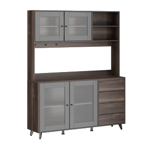Homsee 63" L Brown Storage Cabinet with 4 Drawers, Hooks, Open Shelves, and Adjustable Legs for Kitchen and Dining Room (63" W x 15.7" D x 74.8" H) Dark Walnut