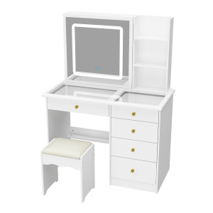 Homsee White Makeup Vanity Dressing Table Set with Glass Top, Sliding LED Mirror, Drawers, Storage Shelves and Stool (39.4" W x 19.7" D x 53.1" H), White