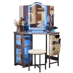 Vlsrka Vanity Desk with Mirror and Lights, Makeup Vanity with Charging Station, Dressing Table with 3 Lighting Options, Vanity Set Women’s Vanity for Bedroom, Grey