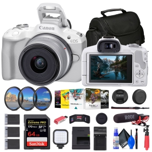 Canon EOS R50 Mirrorless Camera with 18-45mm Lens (White) + 64GB Card + Bag + More