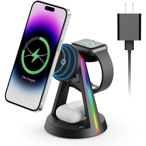 2024 Version RGB 3 in 1 Wireless Charging Station for iPhone Apple Watch AirPods Multiple Devices, Magnetic Wireless Charger Dock, Travel Charger for iPhone16 15/14/13/12 Series
