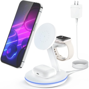 Magnetic Wireless Charging Station for Apple Series, 3-in-1 15W Fast Mag-Safe Charger Stand with QC3.0 Adapter