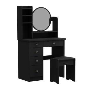 Homsee Makeup Vanity Set with Lighted Mirror, 5 Drawers, Storage Shelves & Cushioned Stool for Bedroom (31.5" W x 15.7" D x 53.1" H), Black