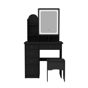 Homsee Vanity Desk Set with Large Lighted Mirror, 5 Drawers, Storage Shelves & Cushioned Stool for Bedroom (31.5" W x 15.6" D x 55.1" H), Black