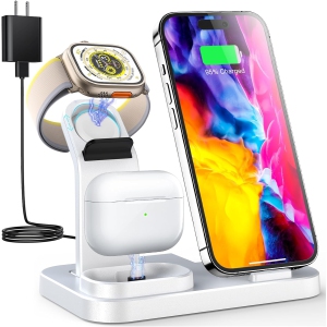 3 in 1 Wireless Charging Station for Apple Devices, Charging Dock for iWatch 9 8 7 6 SE 5 4 3 2 1, Built-in Charger Stand for iPhone Series AirPods Gifts