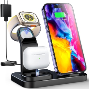 3 in 1 Wireless Charging Station for Apple Devices, Charging Dock for iWatch 9 8 7 6 SE 5 4 3 2 1, Built-in Charger Stand for iPhone Series AirPods Gifts